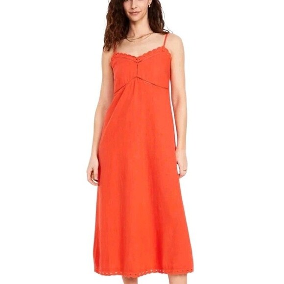 Old Navy Babydoll Linen Blend Cami Midi Dress Womens Medium Eyelet Resort Orange - Picture 1 of 10